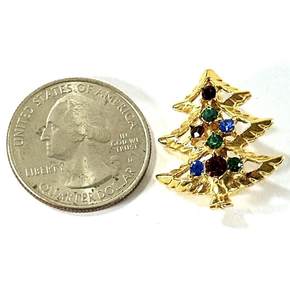 Vintage Christmas Tree Brooch Gold Tone Multicolor Rhinestone Holiday Pin - Picture 4 of 6
